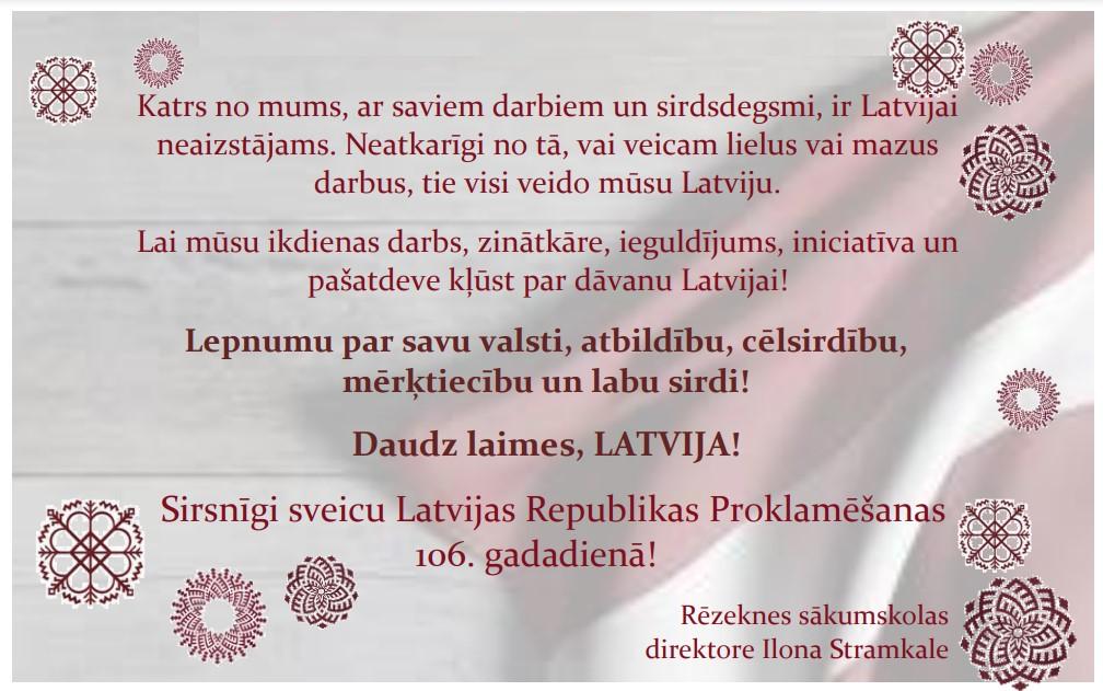 Apsveikums Latvijas Republikas Proklamēšanas 106.gadadienā!